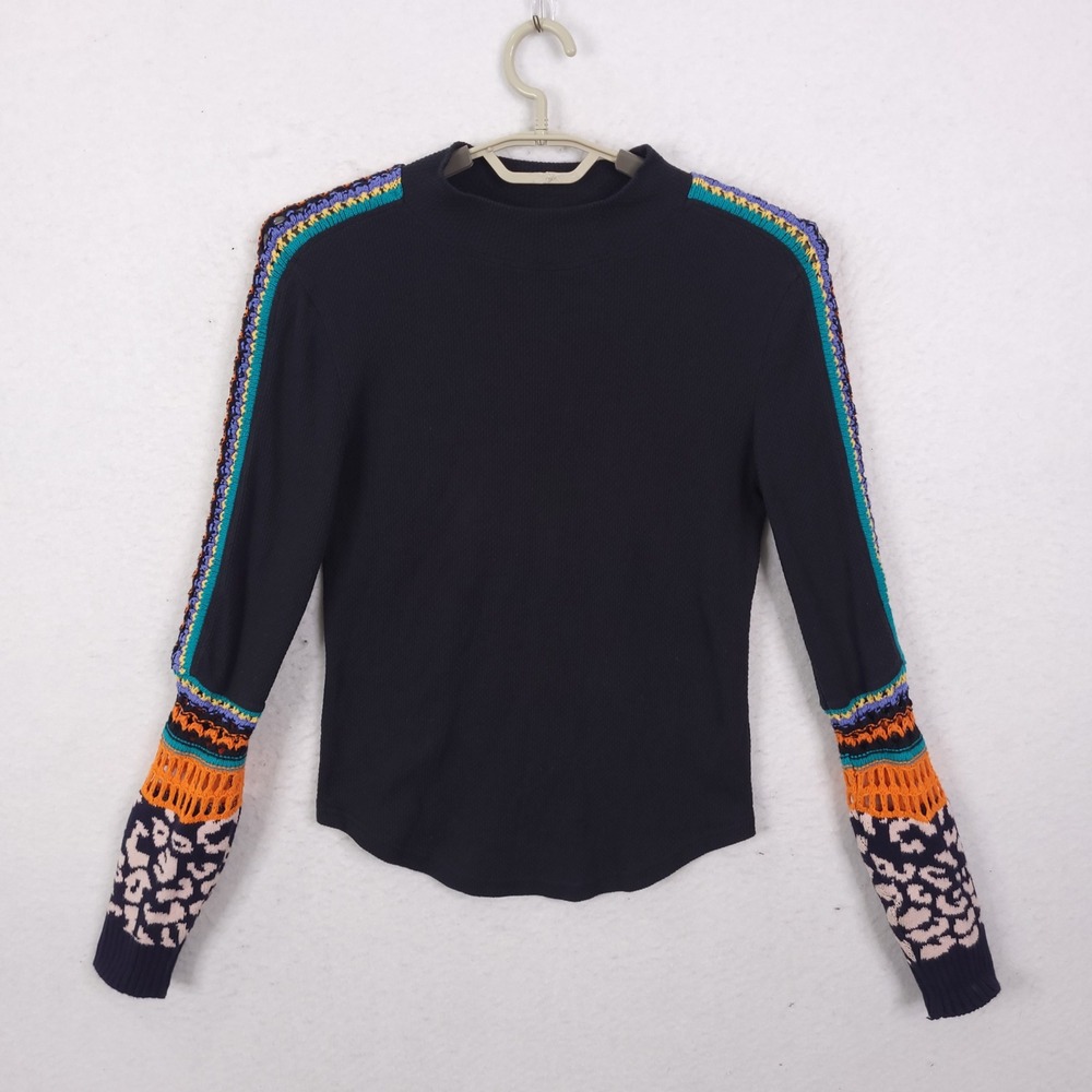 Free People Switch It Up thermal top crocheted sleeve accents leopard-print cuff